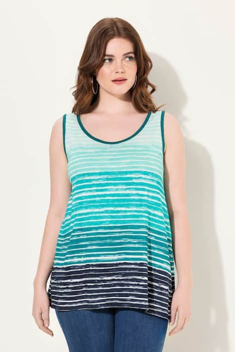 Débardeur, coupe évasée. Décolleté rond, bretelles larges. Dégradé de rayures