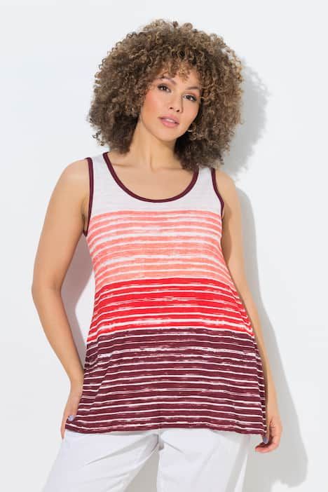 Débardeur, coupe évasée. Décolleté rond, bretelles larges. Dégradé de rayures