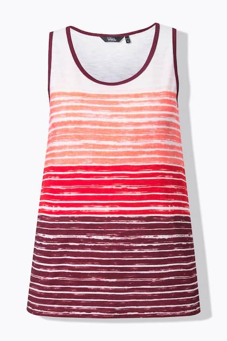 Débardeur, coupe évasée. Décolleté rond, bretelles larges. Dégradé de rayures