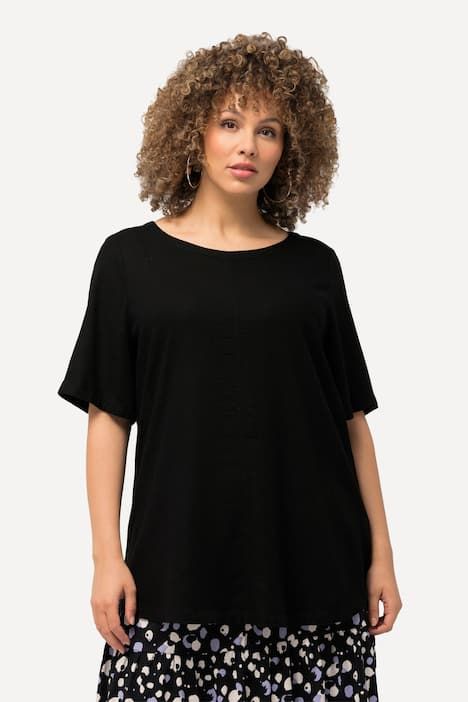 Blouse coupe évasée en lin mélangé, encolure ronde et manches courtes