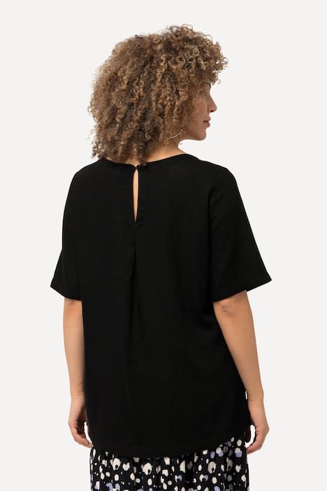 Blouse coupe évasée en lin mélangé, encolure ronde et manches courtes