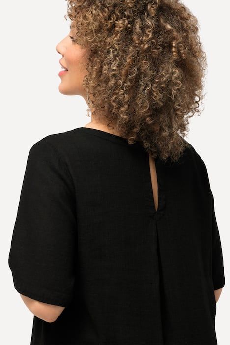 Blouse coupe évasée en lin mélangé, encolure ronde et manches courtes