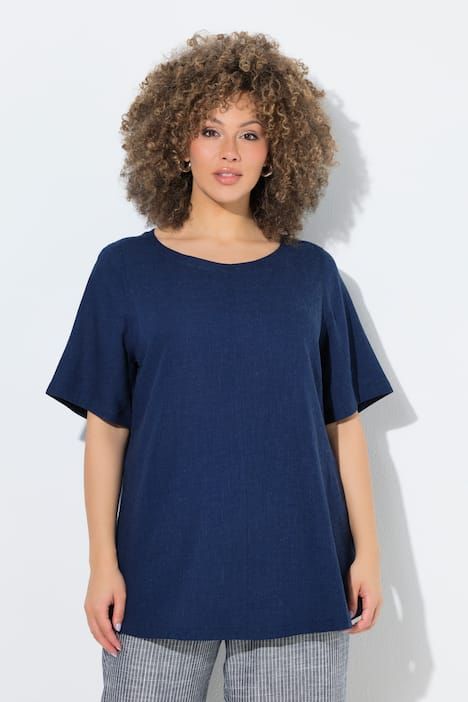 Blouse coupe évasée en lin mélangé, encolure ronde et manches courtes