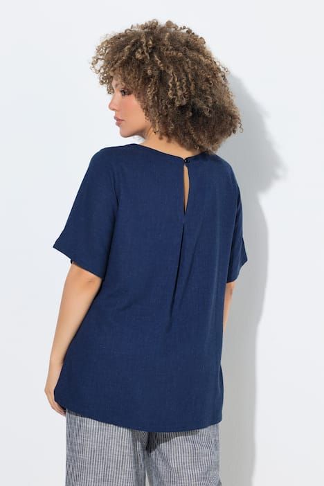 Blouse coupe évasée en lin mélangé, encolure ronde et manches courtes