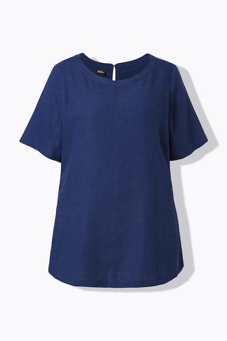 Blouse coupe évasée en lin mélangé, encolure ronde et manches courtes