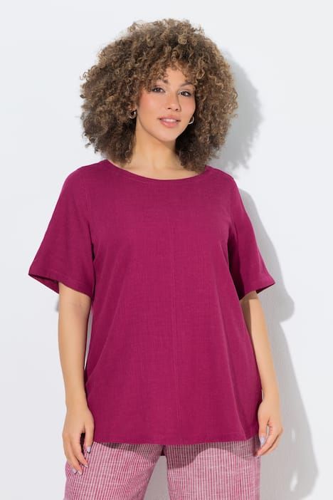 Blouse coupe évasée en lin mélangé, encolure ronde et manches courtes