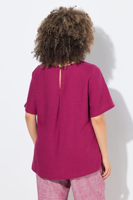 Blouse coupe évasée en lin mélangé, encolure ronde et manches courtes