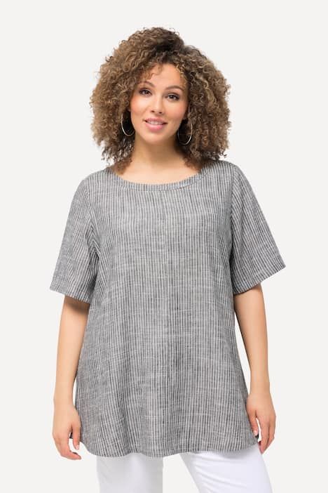Blouse à rayures en lin mélangé. Encolure ronde et manches courtes
