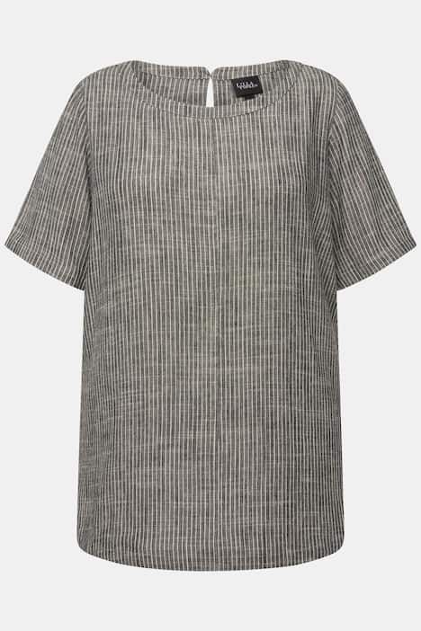 Blouse à rayures en lin mélangé. Encolure ronde et manches courtes
