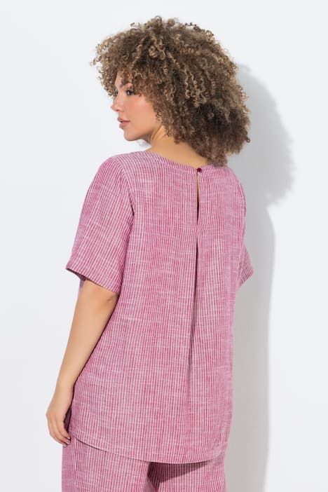 Blouse à rayures en lin mélangé. Encolure ronde et manches courtes