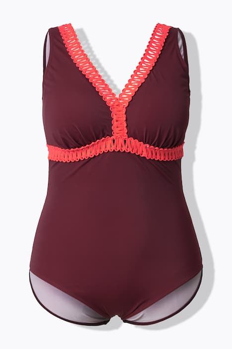 Maillot de bain à bonnets souples et galon fantaisie. Dos plongeant. Matière recyclée