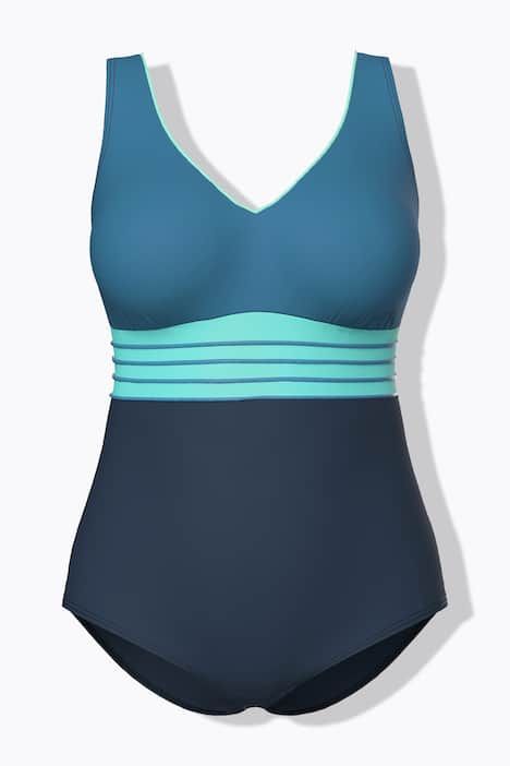 Maillot de bain à bonnets souples. Décolleté V. Passepoils dorés. Matière recyclée