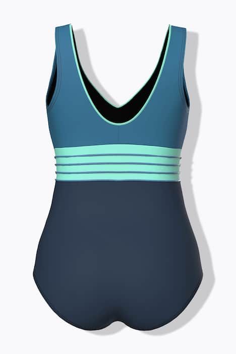 Maillot de bain à bonnets souples. Décolleté V. Passepoils dorés. Matière recyclée