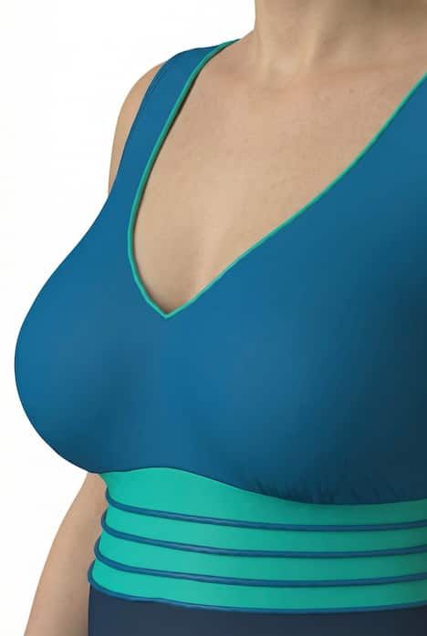 Maillot de bain à bonnets souples. Décolleté V. Passepoils dorés. Matière recyclée