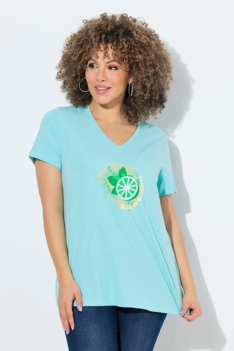 T-shirt, motif citrons. Manches courtes, encolure V. Coupe évasée