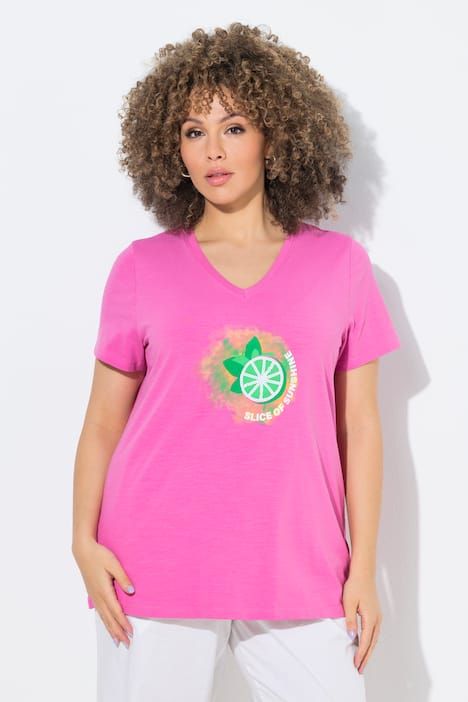 T-shirt, motif citrons. Manches courtes, encolure V. Coupe évasée