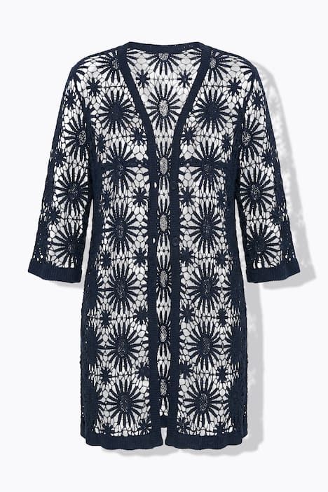 Cardigan, motif floral. Col V et manches longues. Finitions vague