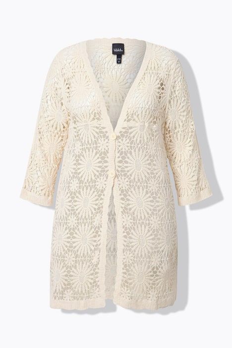 Cardigan, motif floral. Col V et manches longues. Finitions vague