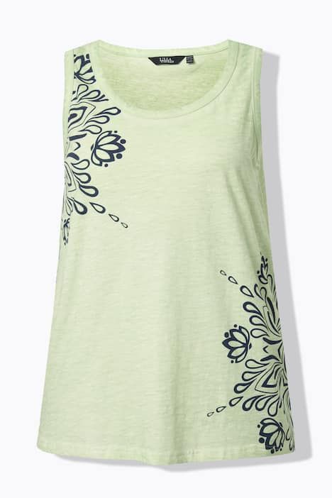 Débardeur long, motif mandalas. Encolure ronde, bretelles larges. Coupe évasée