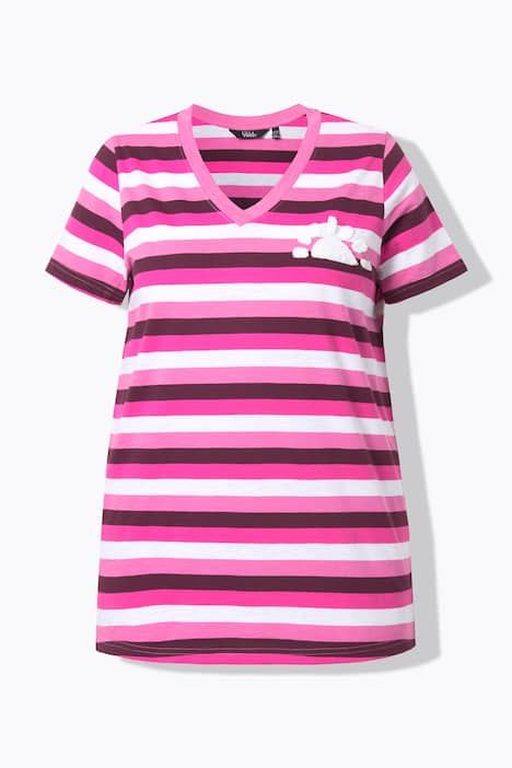 T-shirt, rayures et soleil. Encolure V et manches courtes. Coupe évasée