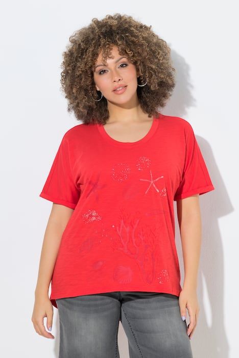 T-shirt oversize, motif coraux et coquillages, décolleté rond et manches courtes