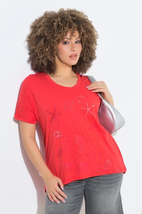 T-shirt oversize, motif coraux et coquillages, décolleté rond et manches courtes