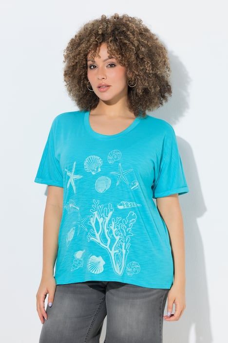 T-shirt oversize, motif coraux et coquillages, décolleté rond et manches courtes
