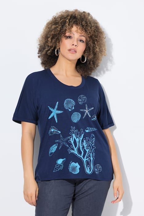 T-shirt oversize, motif coraux et coquillages, décolleté rond et manches courtes
