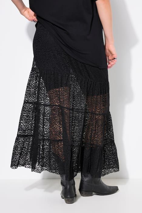 Jupe maxi en dentelle, taille élastique et volants, coupe évasée