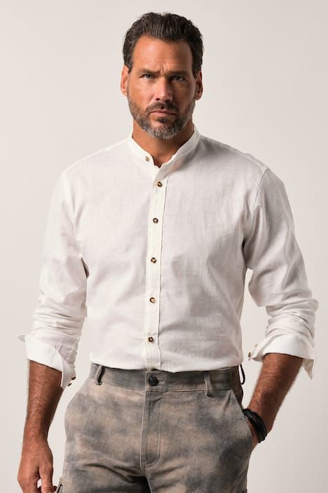 Chemise JP 1880 traditionnelle en lin mélangé, manches longues et col officier, coupe Modern Fit - jusqu'au 8&nbsp