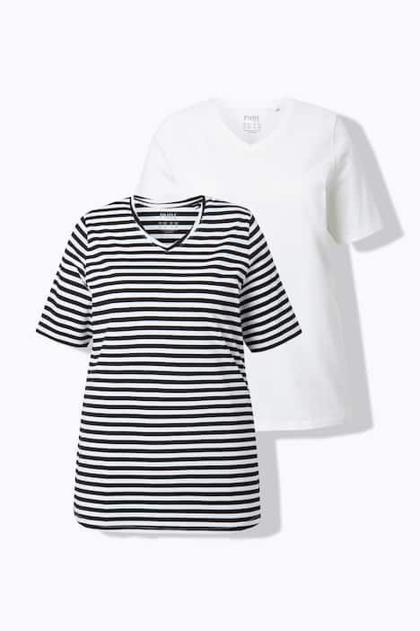 Lot de 2 T-shirts, rayures/uni, décolleté en V et manches courtes