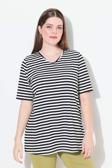 Lot de 2 T-shirts, rayures/uni, décolleté en V et manches courtes