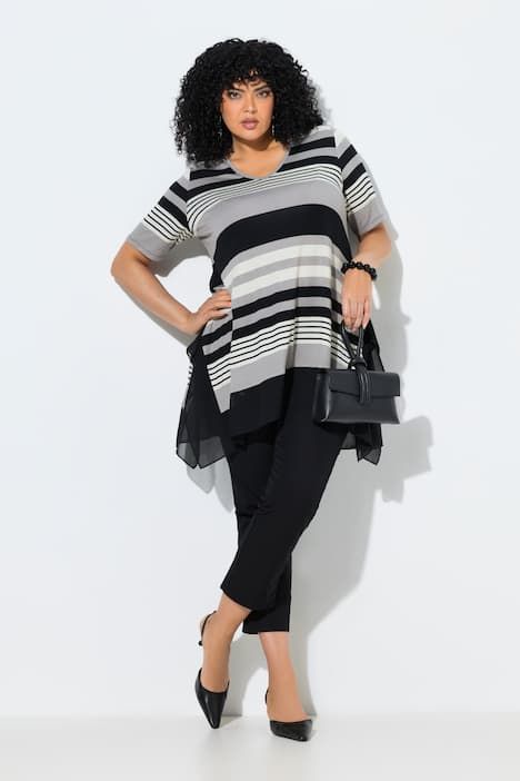 T-shirt rayé, manches courtes et décolleté en V, base en mousseline