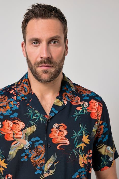 Chemise JP1880 dans un imprimé all-over, manches courtes et col cubain, coupe Cuba-Fit « flottante » - jusqu'au 8 XL