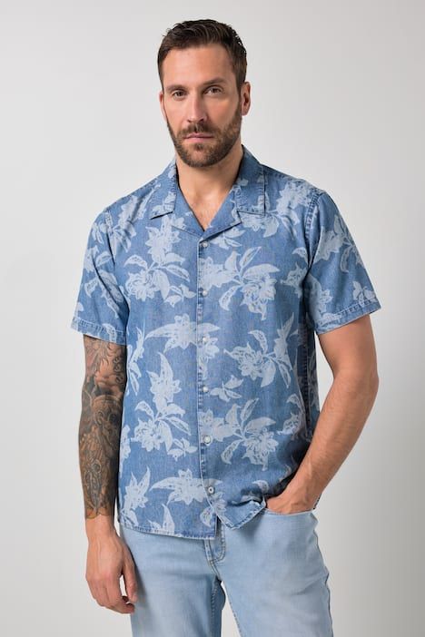 Chemise JP 1880 aspect denim, manches courtes et col cubain, imprimé intégral à fleurs, coupe Cuba Fit - jusqu'au 8 XL