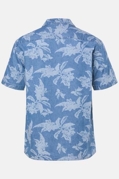 Chemise JP 1880 aspect denim, manches courtes et col cubain, imprimé intégral à fleurs, coupe Cuba Fit - jusqu'au 8 XL