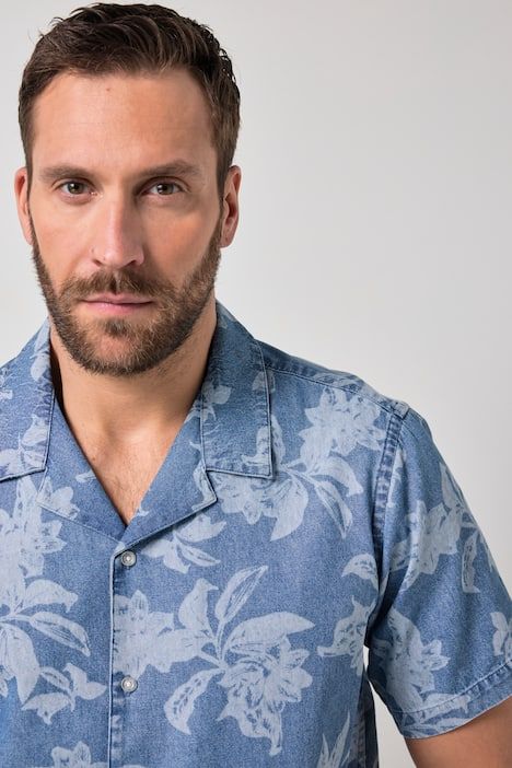 Chemise JP 1880 aspect denim, manches courtes et col cubain, imprimé intégral à fleurs, coupe Cuba Fit - jusqu'au 8 XL