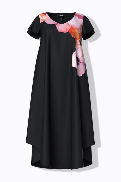 Robe midi décolleté en V et manches évasées, motif floral, coupe évasée