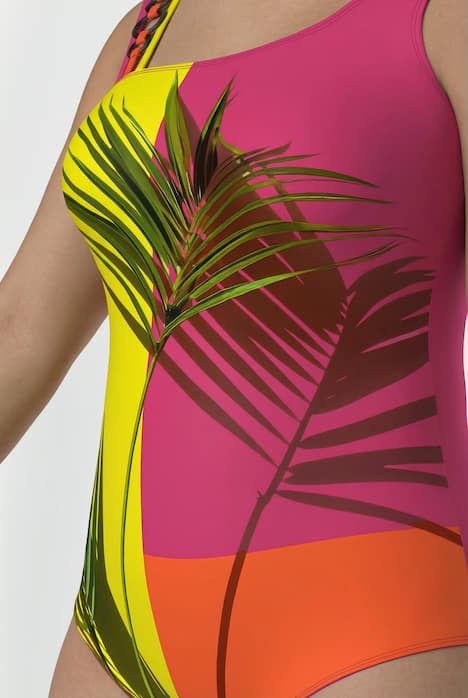 Maillot de bain à bonnets souples, motif palmier et bretelles triples, matière recyclée