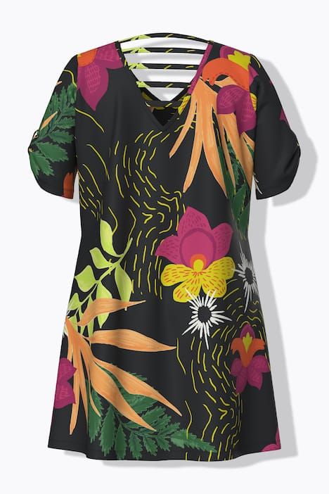 Robe en jersey motif chats, décolleté en V et manches courtes, coupe évasée