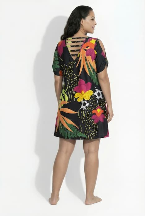 Robe en jersey motif chats, décolleté en V et manches courtes, coupe évasée