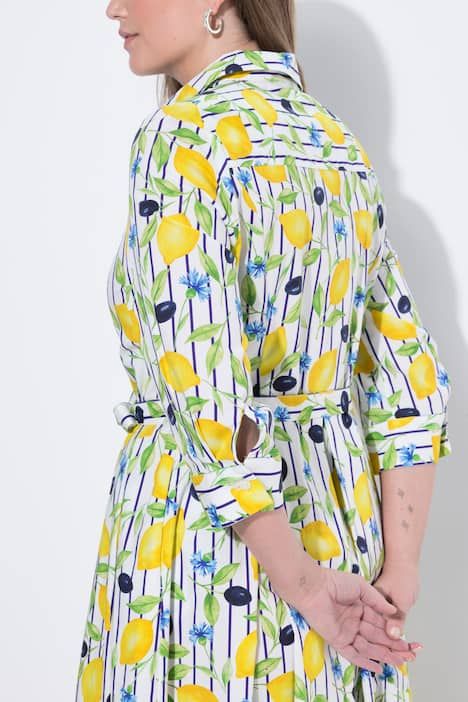 Robe-chemisier longueur maxi, motif citrons, avec col chemise et manches 3/4