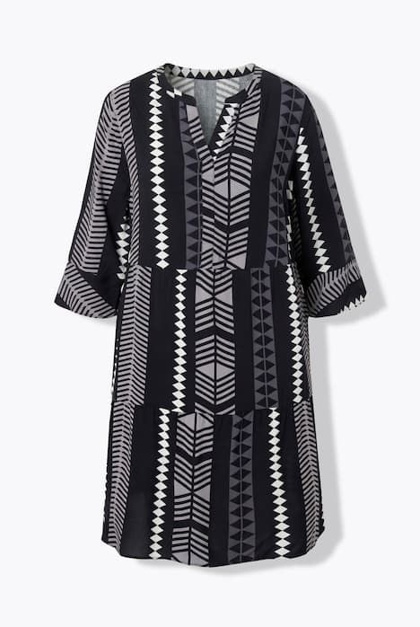 Robe imprimé graphique, col tunisien et manches 3/4