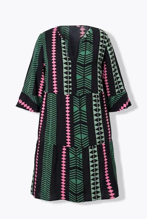 Robe imprimé graphique, col tunisien et manches 3/4