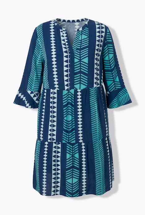 Robe imprimé graphique, col tunisien et manches 3/4