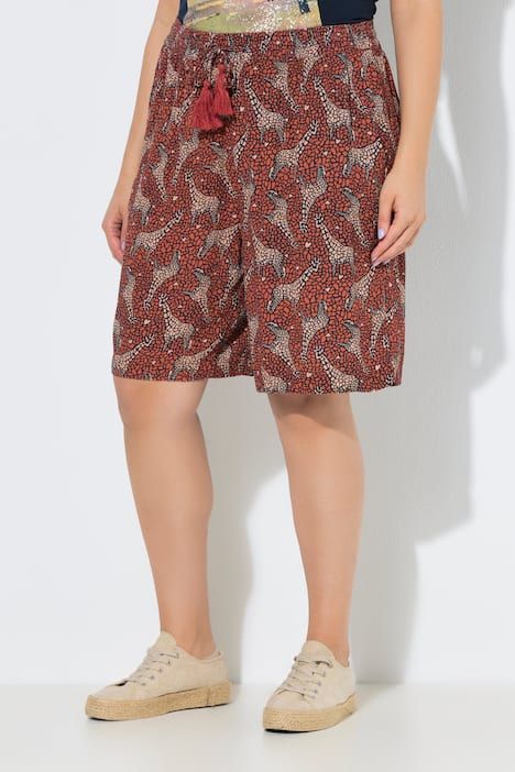 Bermuda à enfiler Rose, motif girafes, jambe large et taille élastique
