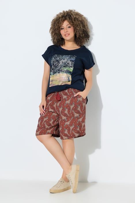 Bermuda à enfiler Rose, motif girafes, jambe large et taille élastique