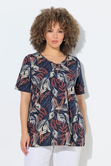 T-shirt motif feuilles, petits plis, décolleté en V et manches courtes, coupe évasée