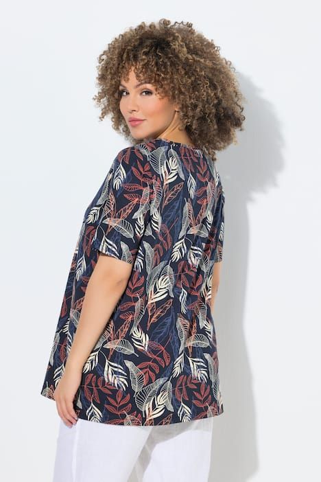 T-shirt motif feuilles, petits plis, décolleté en V et manches courtes, coupe évasée