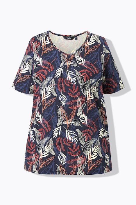 T-shirt motif feuilles, petits plis, décolleté en V et manches courtes, coupe évasée